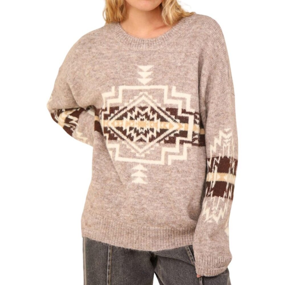 Womens Aztec Sweater Loose Fit Crewneck Long Sleeve Casual Warm Knit